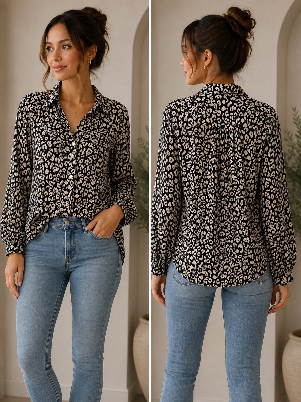 Leopard Print Button-Down Shirt - Black & Cream